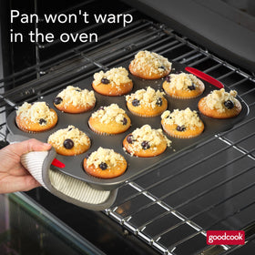 GoodCook MegaGrip heavy-gauge steel construction resists warping for lasting performance.