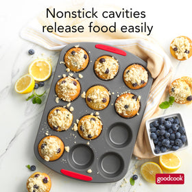 GoodCook MegaGrip muffins in the pan demonstrate cupcake results with reliable release.