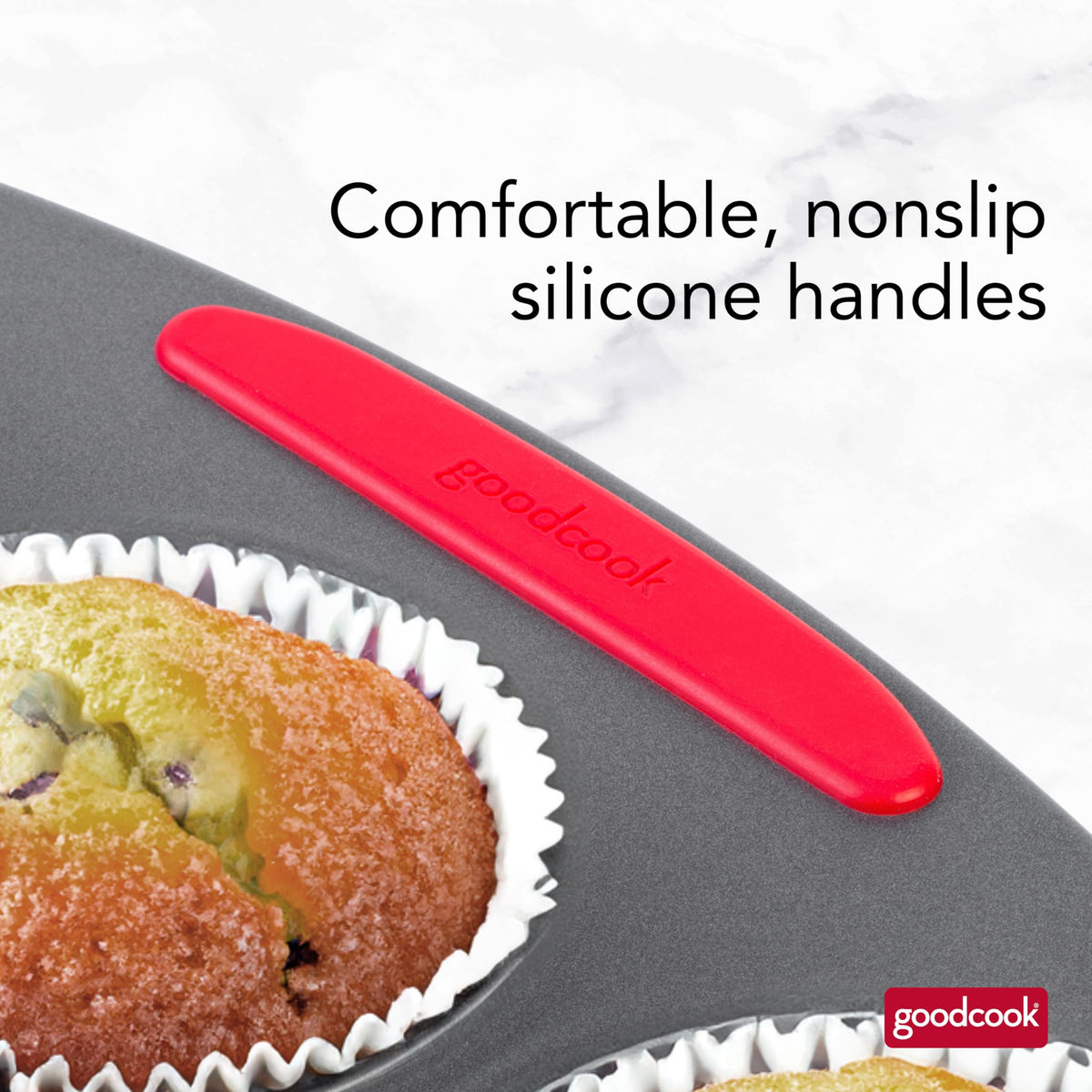 GoodCook MegaGrip scratch-resistant nonstick coating enables easy release and quick cleanup.