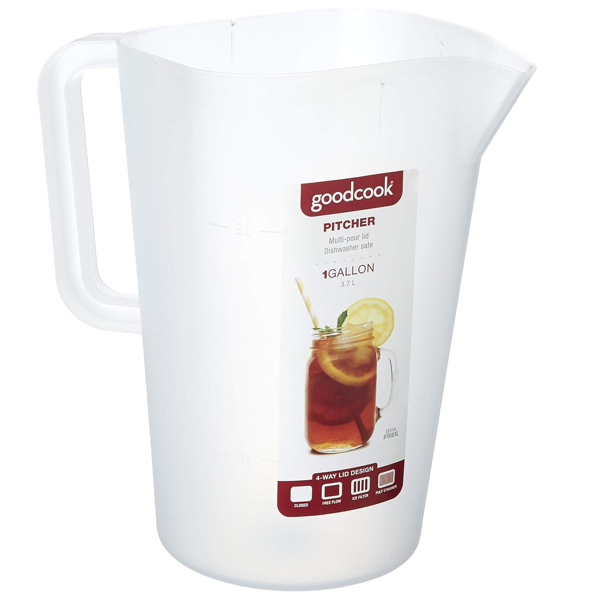 GoodCook 1-Gallon Pitcher fits fridge shelves for compact storage.