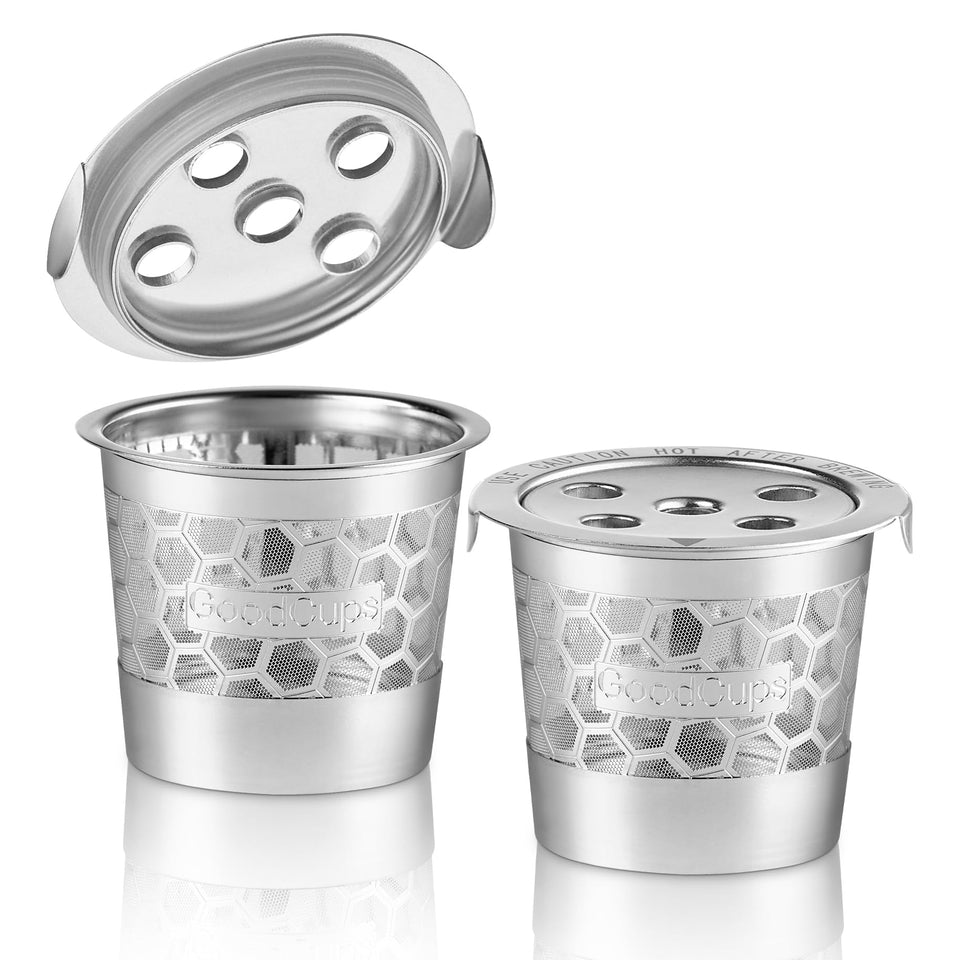 GoodCups stainless-steel K-Cup closeup, durable for daily reuse.