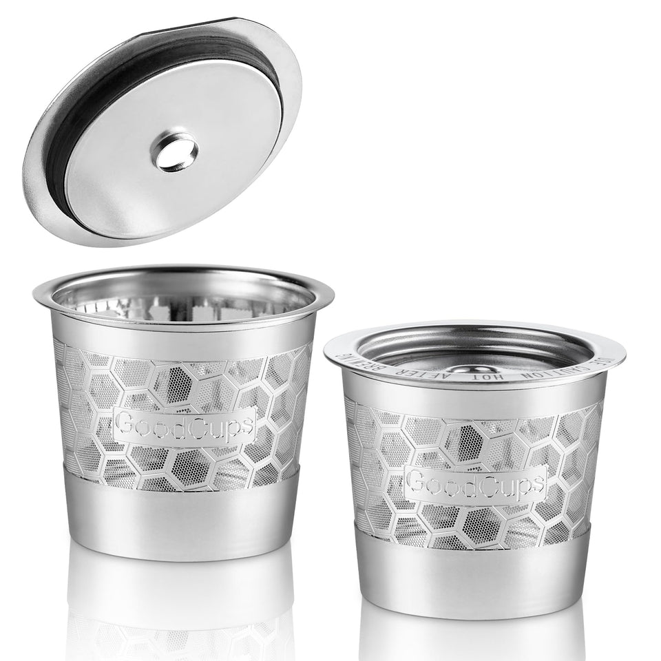 GoodCups stainless steel reusable K-Cup in hand for durable, eco-friendly brewing.