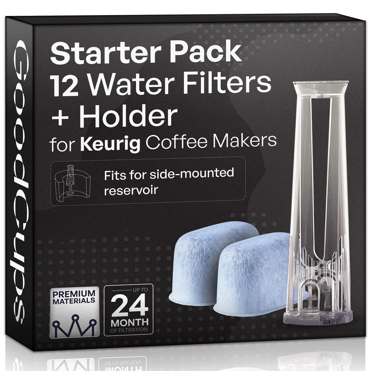 GoodCups water filter holder beside Keurig reservoir improves side-loaded setup