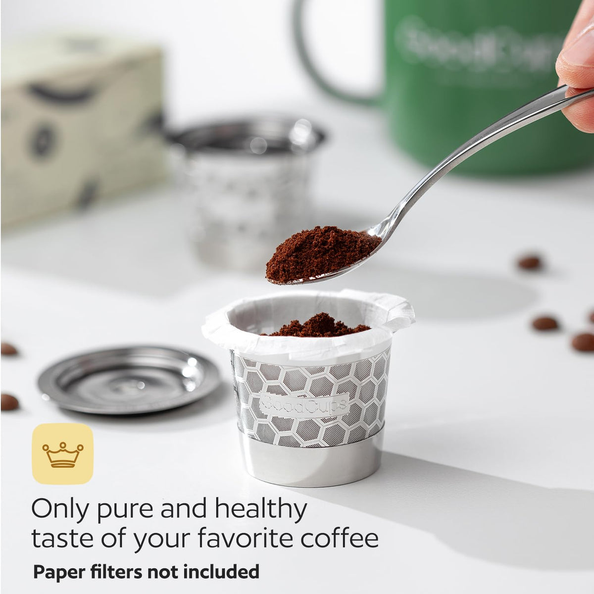 GoodCups wide fill basket and tight lid enable effortless daily use.