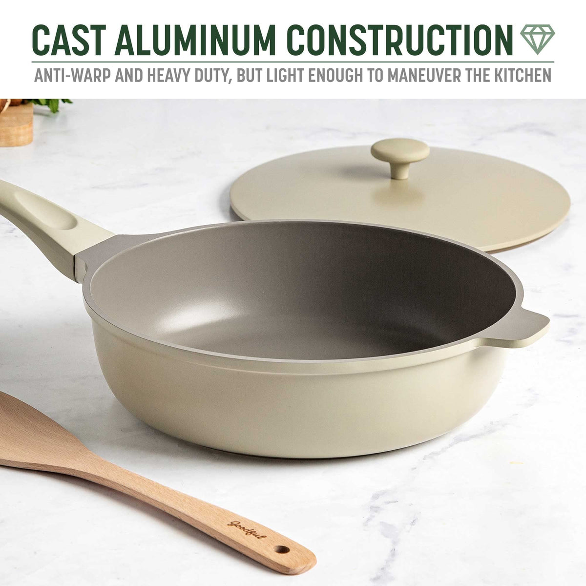 Goodful All-in-One Pan's heavy-duty cast aluminum delivers durability and even heating.