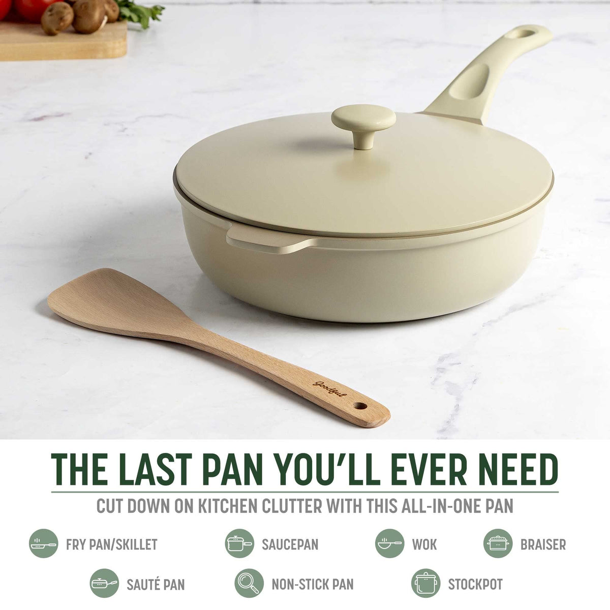 Goodful All-in-One Pan demonstrates multi-function design for versatile sautéing and simmering.