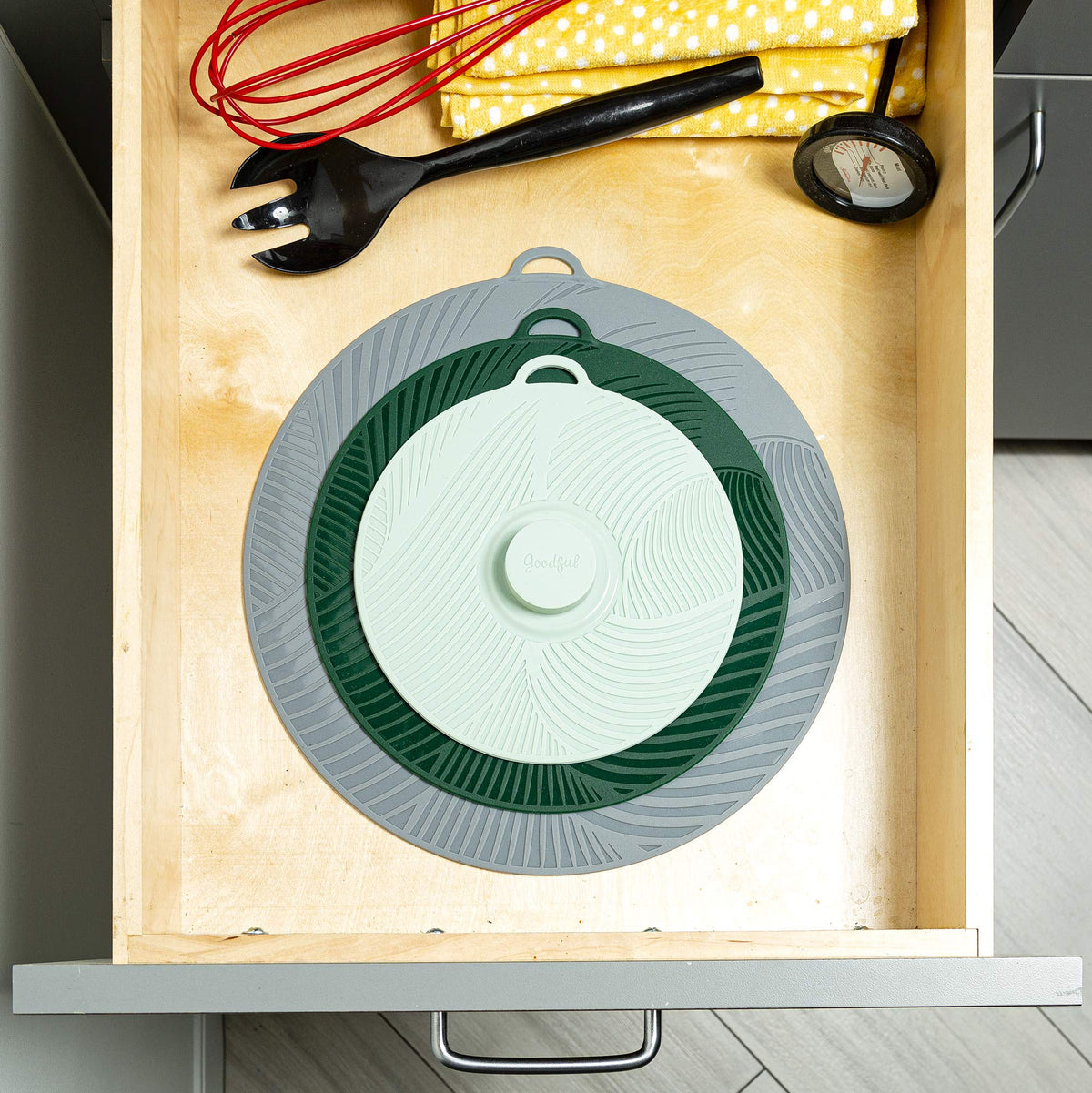 Goodful silicone lids replace plastic wrap for eco-friendly storage.