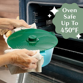 Goodful universal lid used in microwave to prevent splatter and mess.