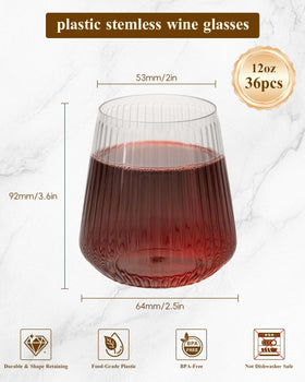 Goodluck 12oz stemless plastic wine glasses with clear ribbed sides for outdoor use.