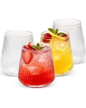 Goodluck 36-pack stemless plastic wine glasses with clear ribbing for easy cleanup at events.