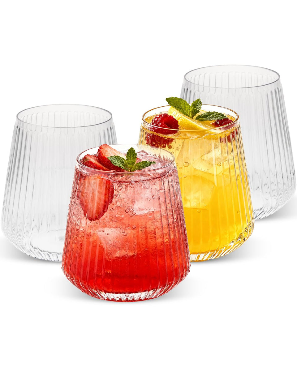 Goodluck 36-pack stemless plastic wine glasses with clear ribbing for easy cleanup at events.