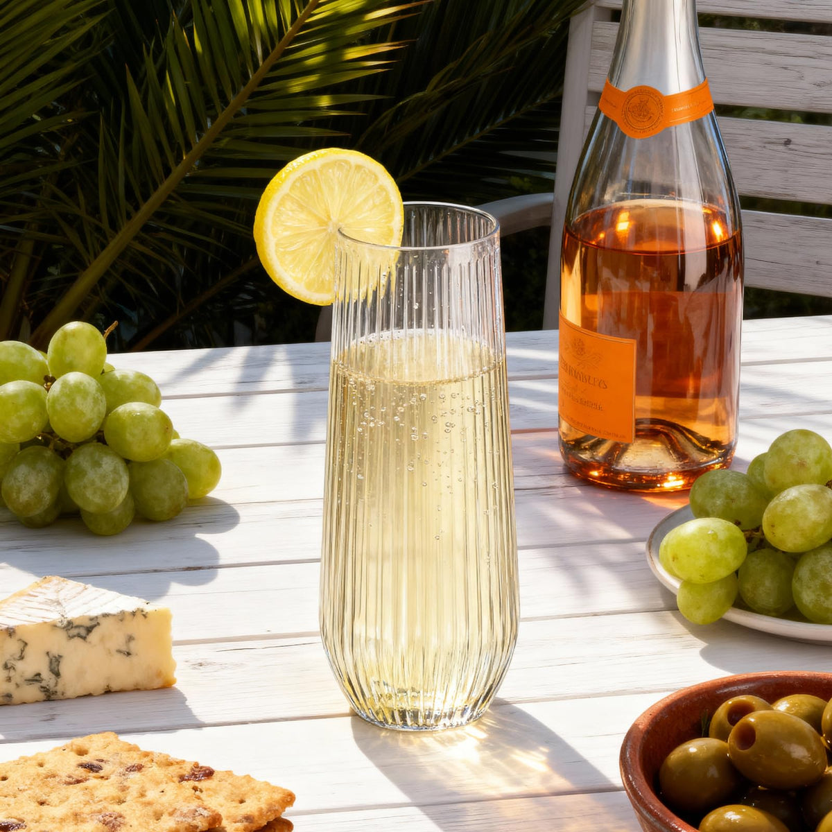 Goodluck 9oz stemless clear plastic champagne flutes for stylish weddings.