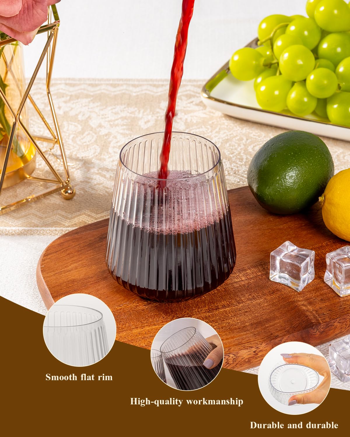 Clear ribbed design Goodluck wine cups suitable for elegant wedding tables.