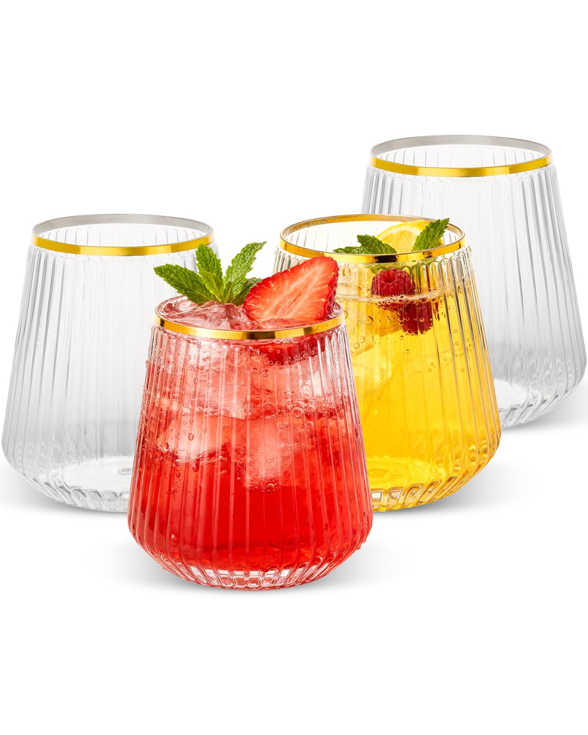 Goodluck clear ribbed stemless wine glass with gold rim for elegant weddings.