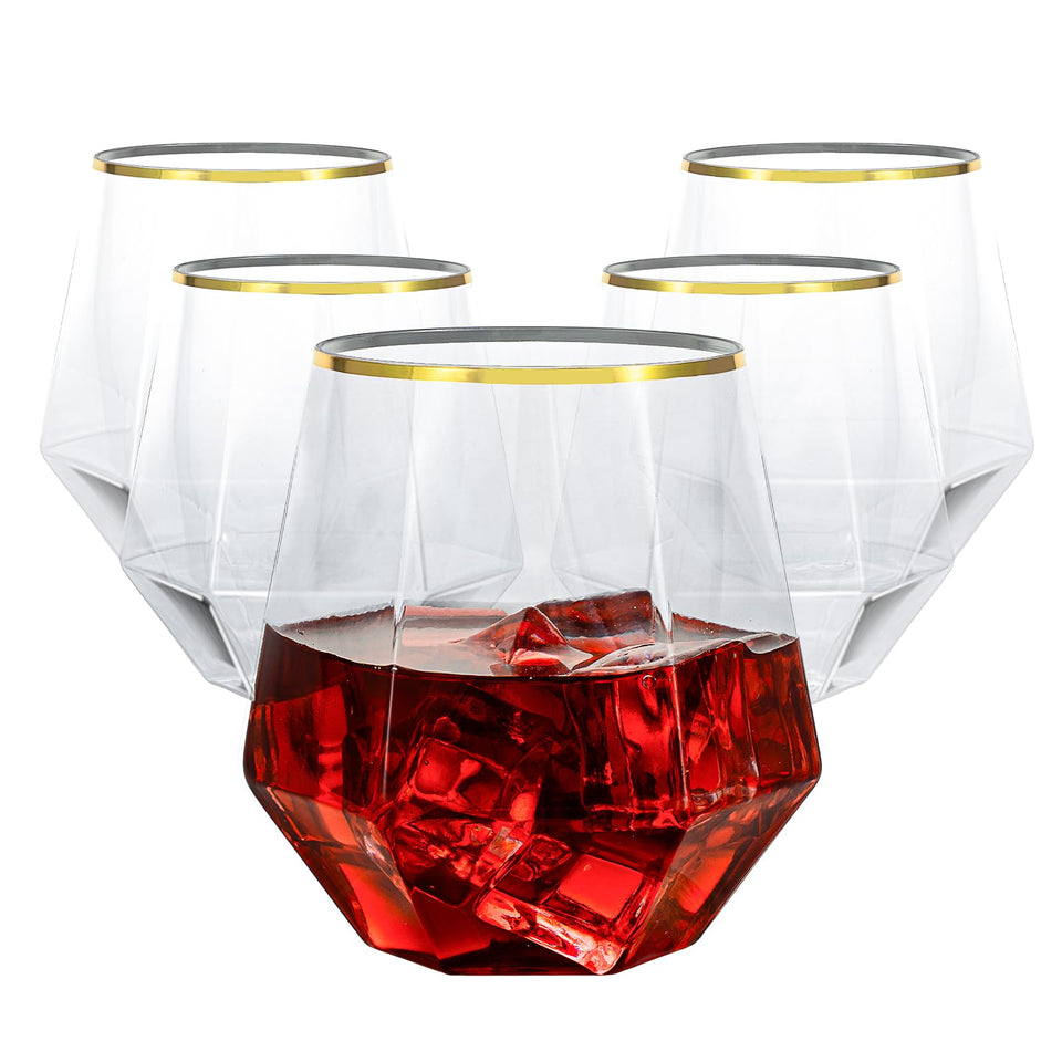 Goodluck diamond stemless wine glasses with gold rims for elegant wedding toasts.