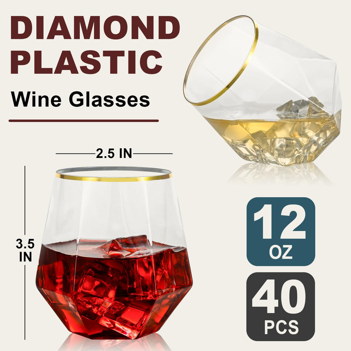 Goodluck gold rimmed plastic cocktail glass, sturdy for outdoor parties.