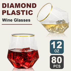 Goodluck gold-rimmed plastic cocktail glasses ready for quick cleanups at events.