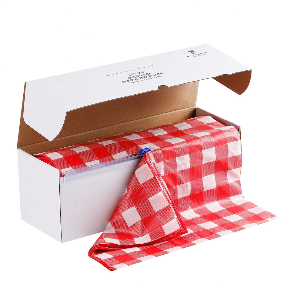 Goodluck red-checkered tablecloth with cutter box for quick sizing.