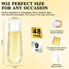 Goodluck stemless ribbed champagne flutes provide slip-resistant grip.