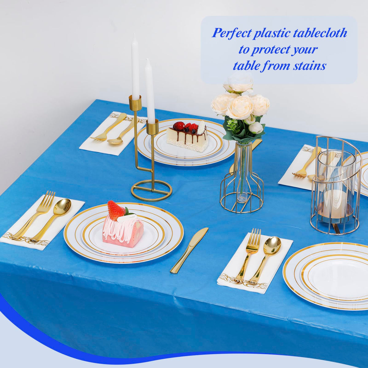 Goodluck blue table cover suits weddings, parties, and celebrations.