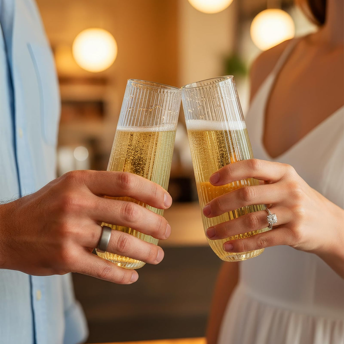 Goodluck wedding party flutes ensure stable toasts on tables.