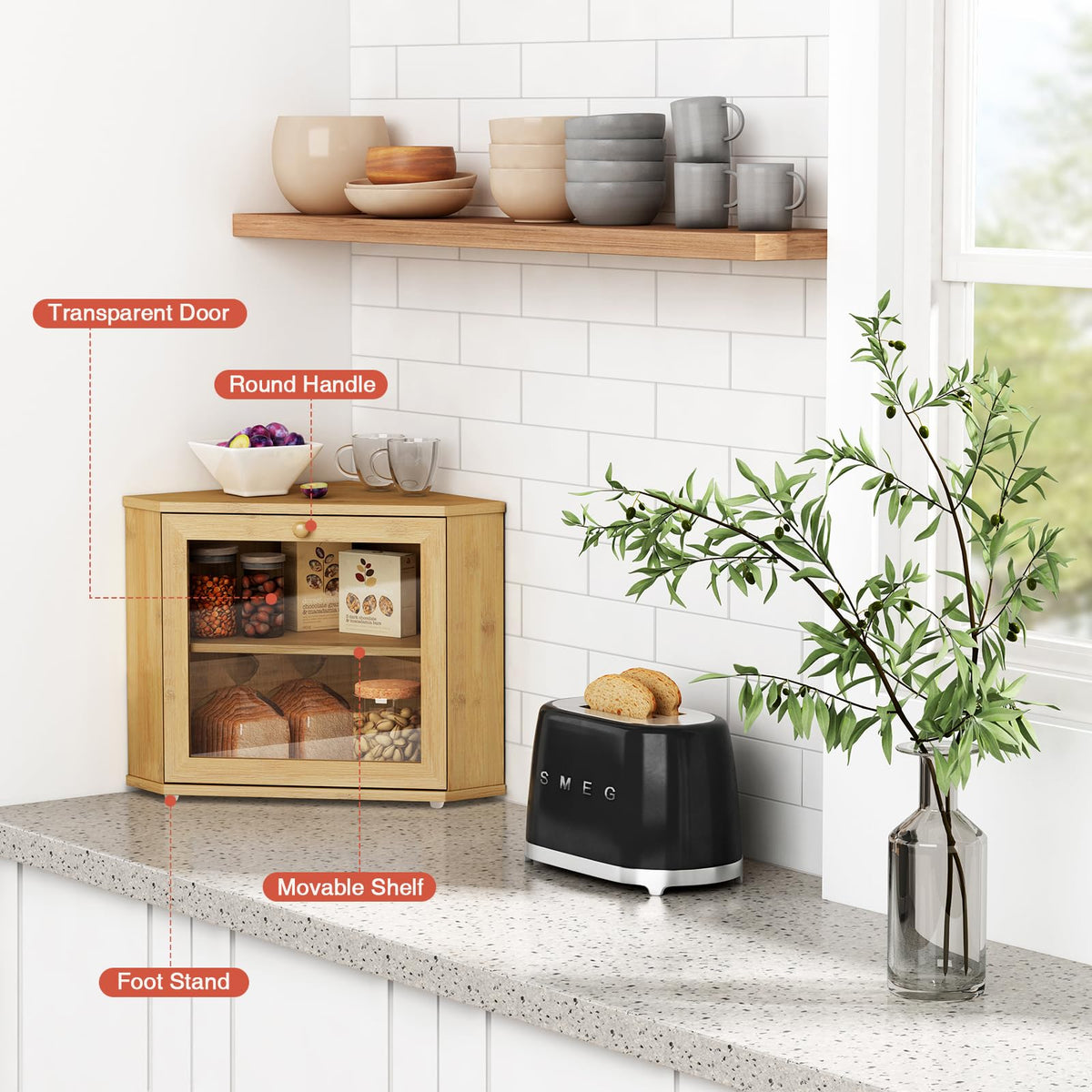 Goozii Bamboo Bread Storage Counter Organizer demonstrates versatile use for bread, fruit, and snacks