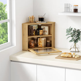 Goozii Bamboo Corner Bread Box with door open and clear acrylic window for contents