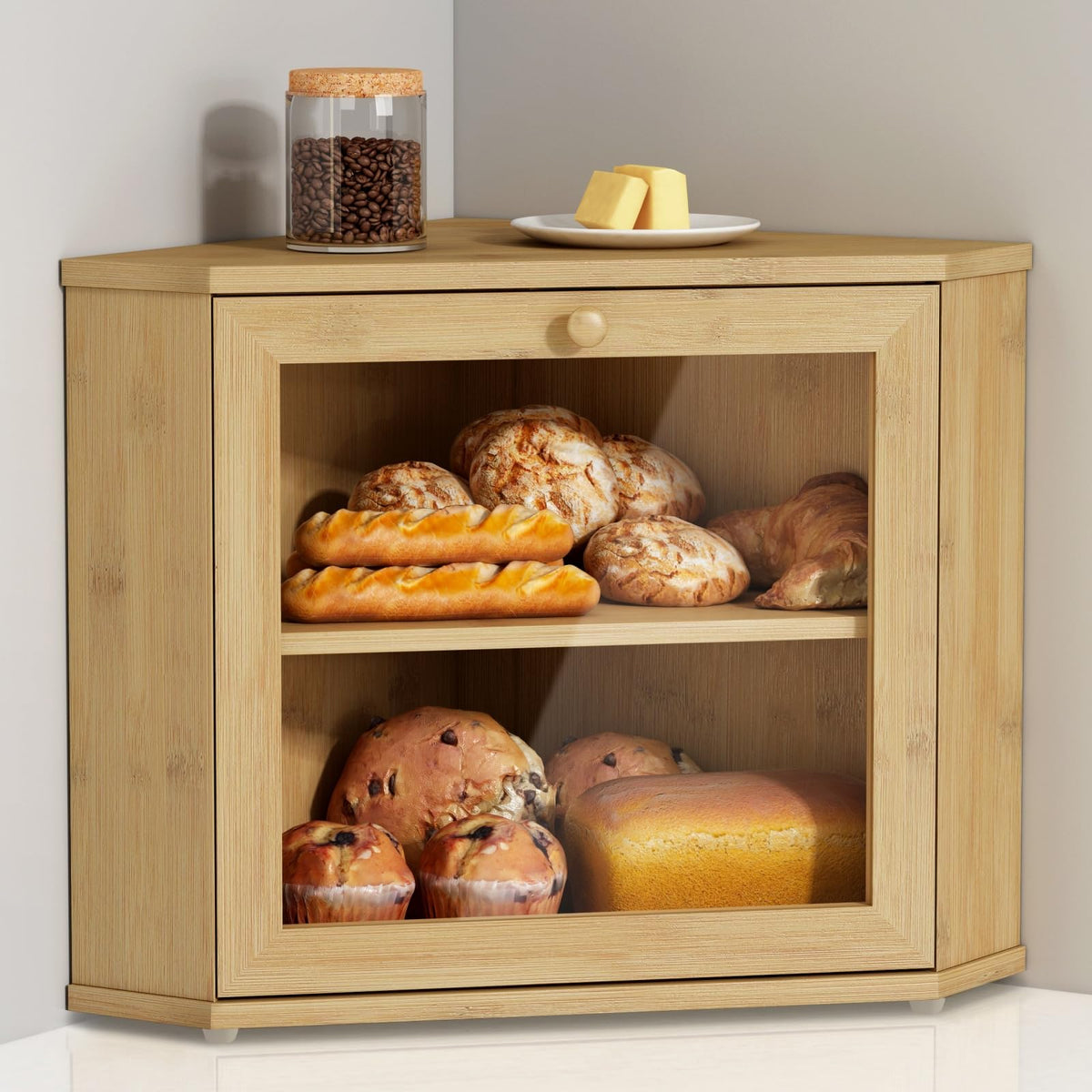 Goozii Bamboo Corner Bread Box front view showing accessible bread storage on the counter