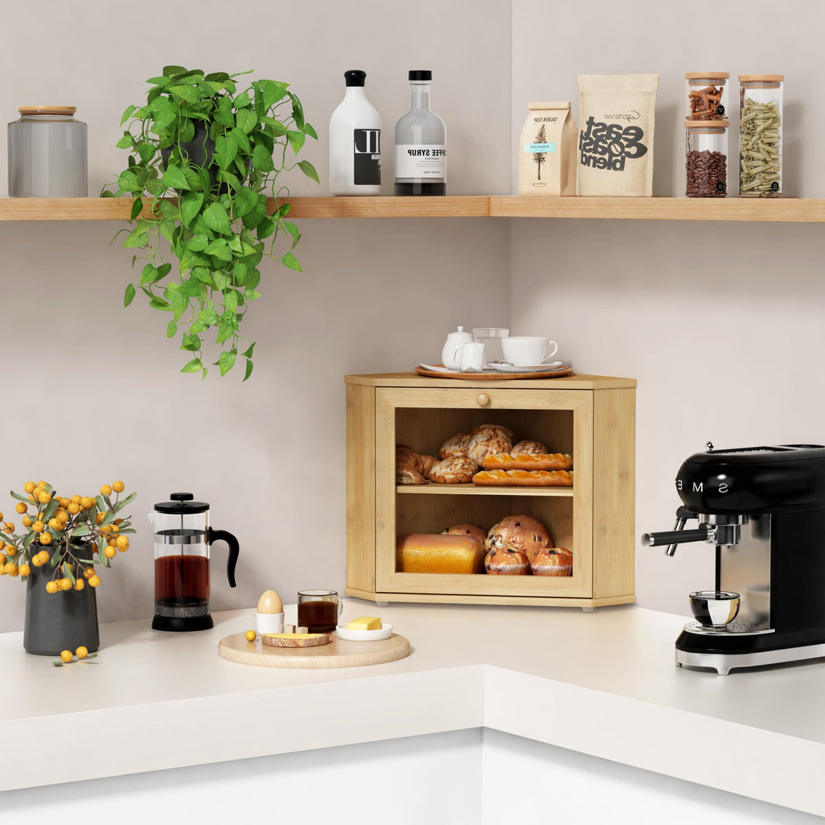 Goozii Bamboo Corner Bread Box top view highlighting two-tier design and space efficiency