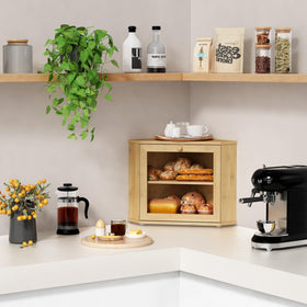 Goozii Bamboo Corner Bread Box top view highlighting two-tier design and space efficiency