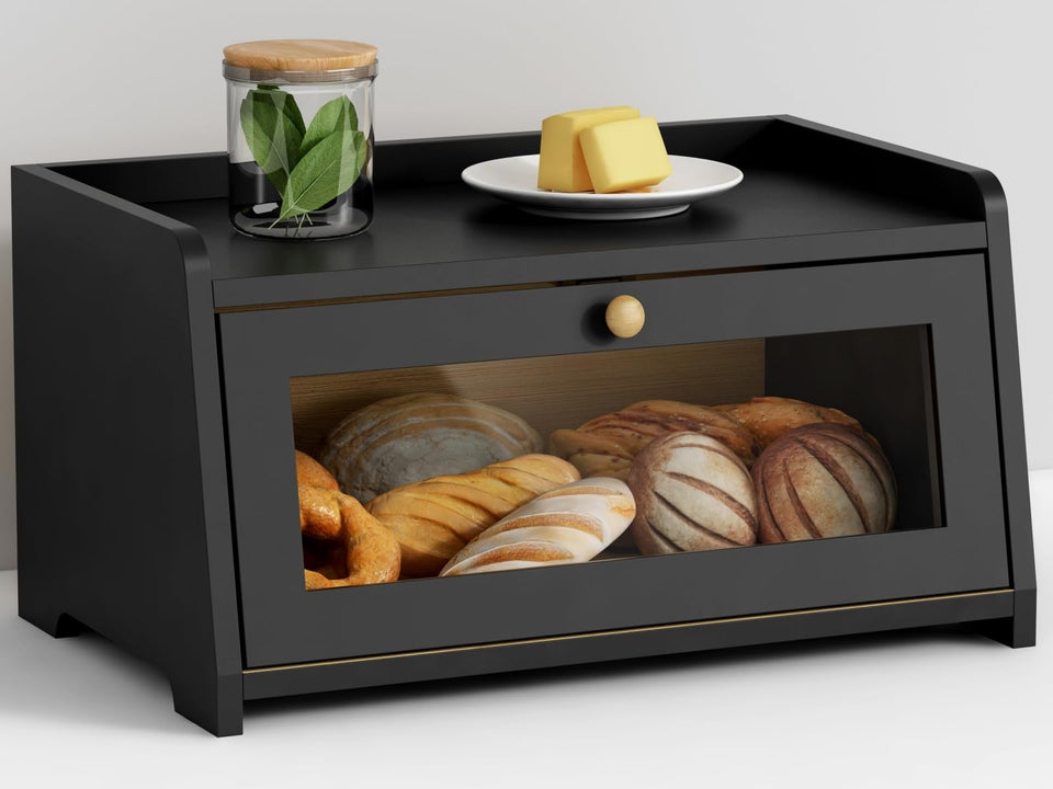 Goozii black bread box top view for easy access and counter organization.