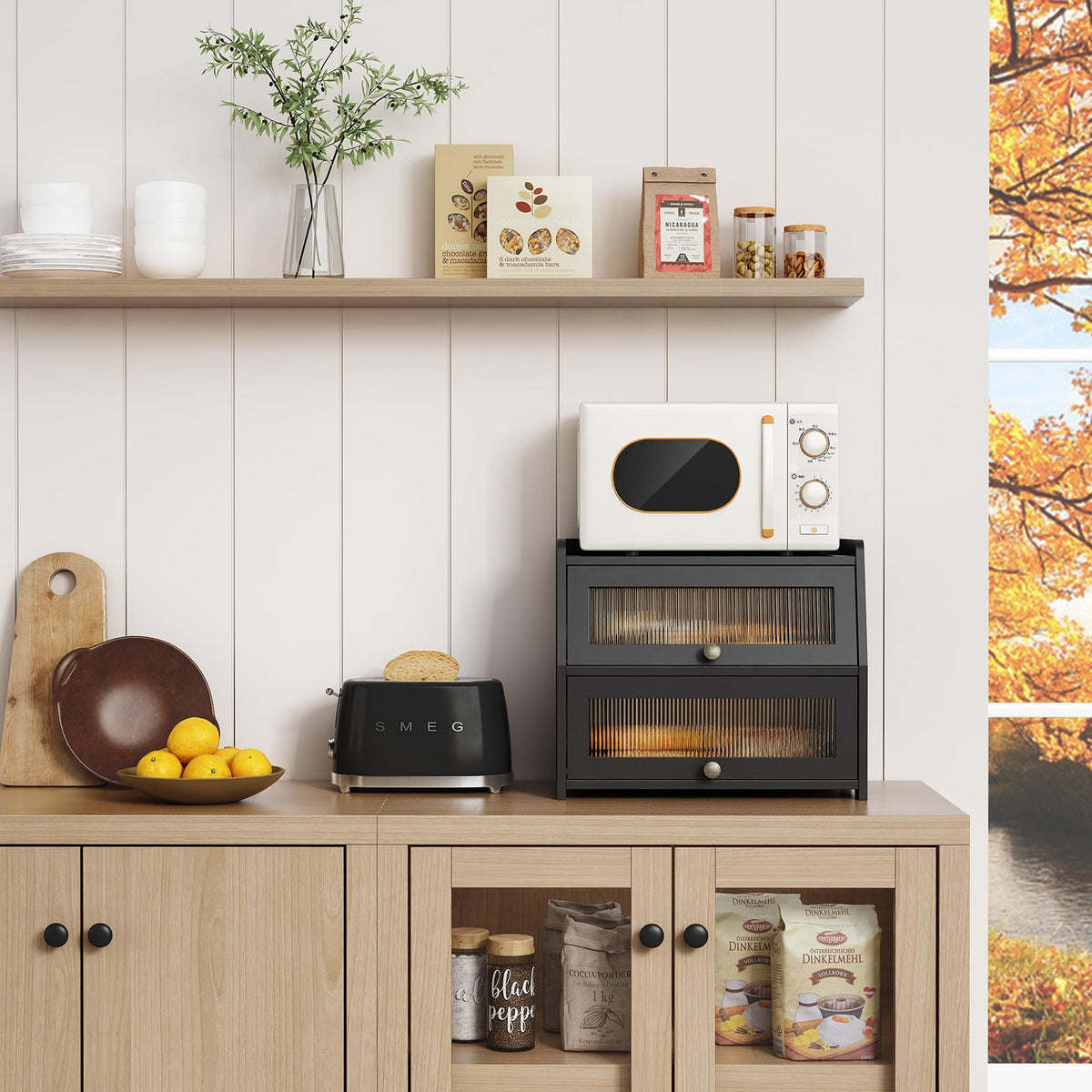 Goozii black bread box with frosted window enhances organized storage.