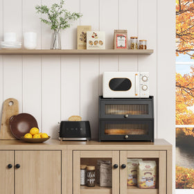 Goozii black bread box with frosted window enhances organized storage.