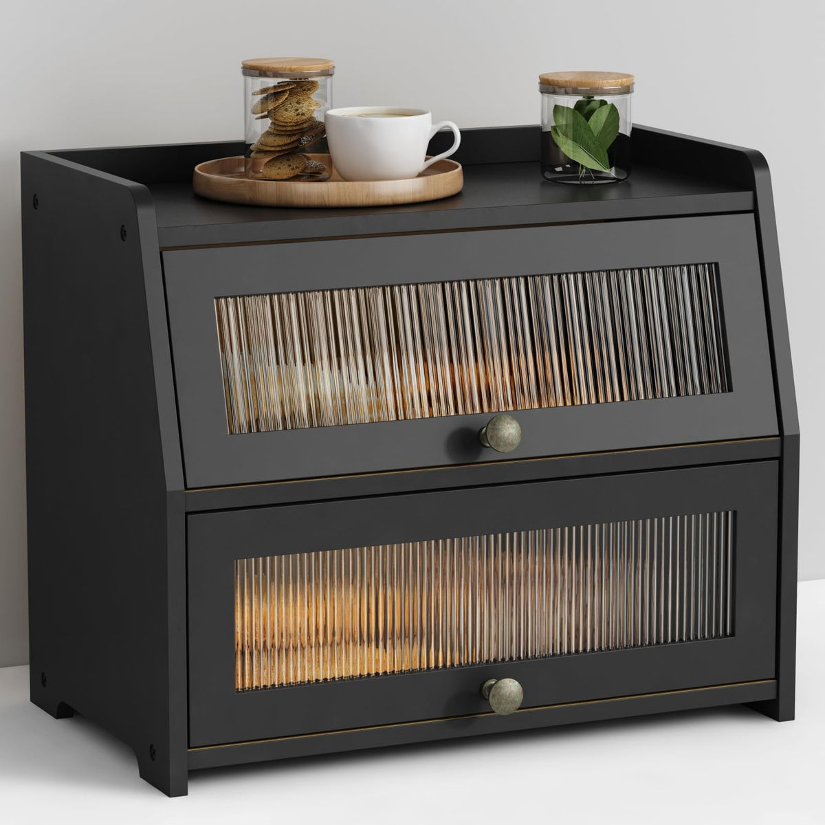 Goozii bread box on countertop, front view, keeps fresh bread visible and accessible.