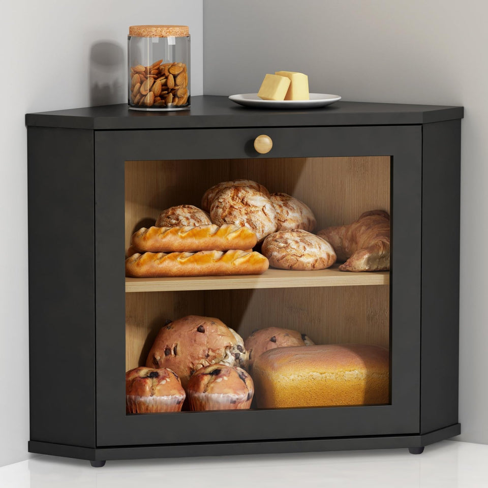 Goozii Corner Bread Box side view showing compact countertop storage and airflow-friendly design.