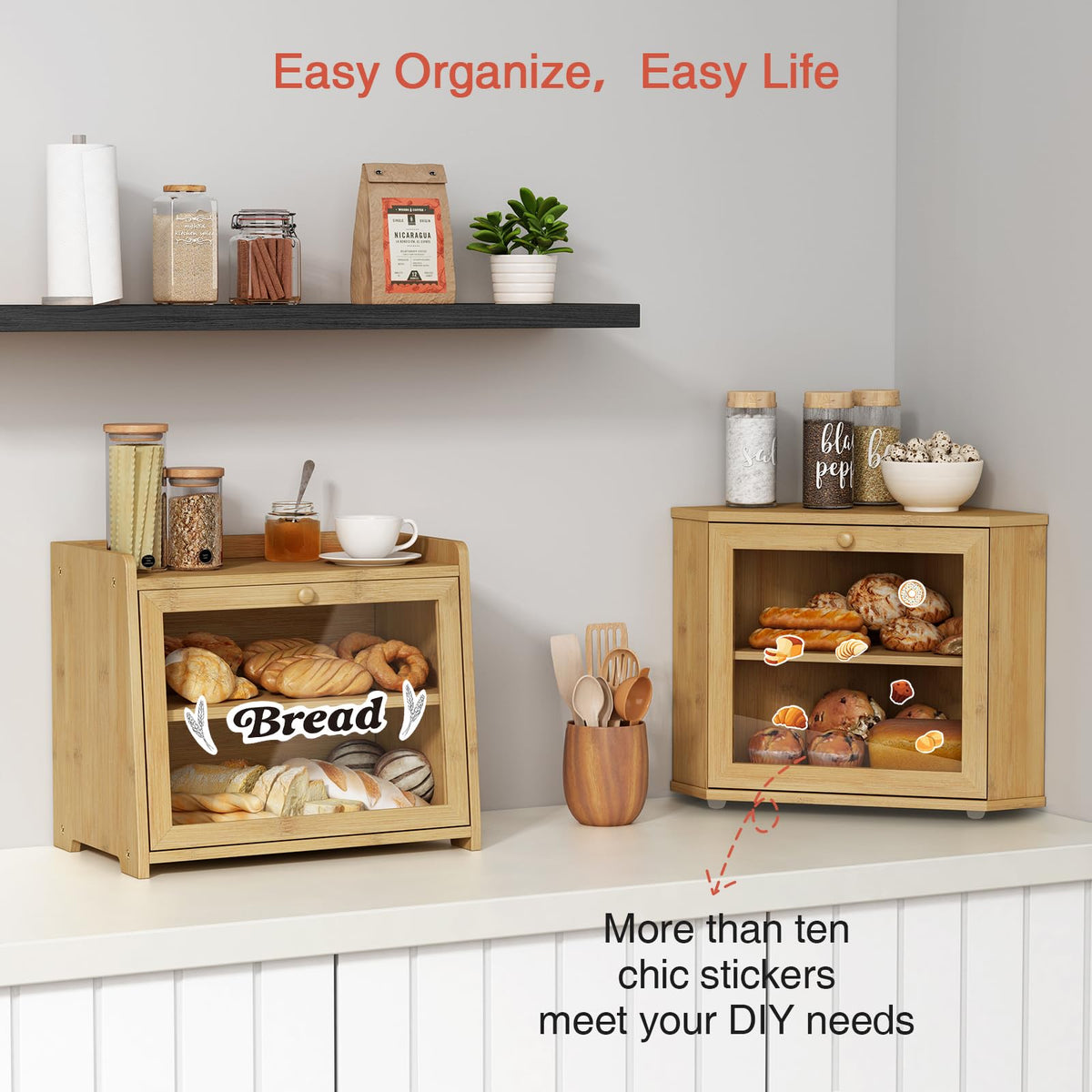 Goozii Two-tier Bread Keeper Wooden Round front view emphasizes corner-friendly footprint
