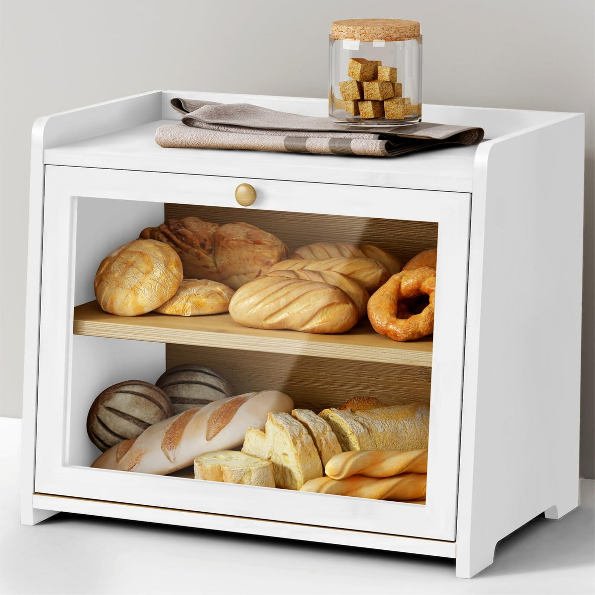 Goozii white double layer bread box front view shows two-tier storage.