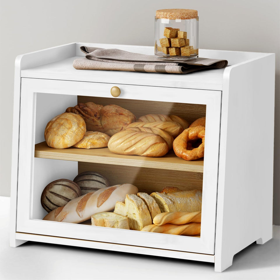Goozii white double layer bread box front view shows two-tier storage.