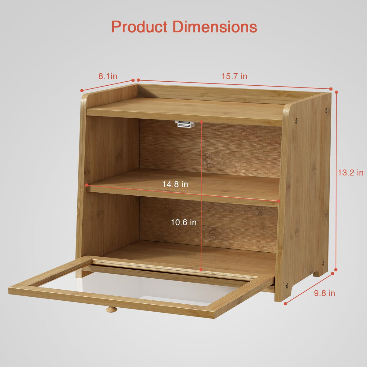 Goozii bamboo bread box acrylic door panel reveals contents at a glance.