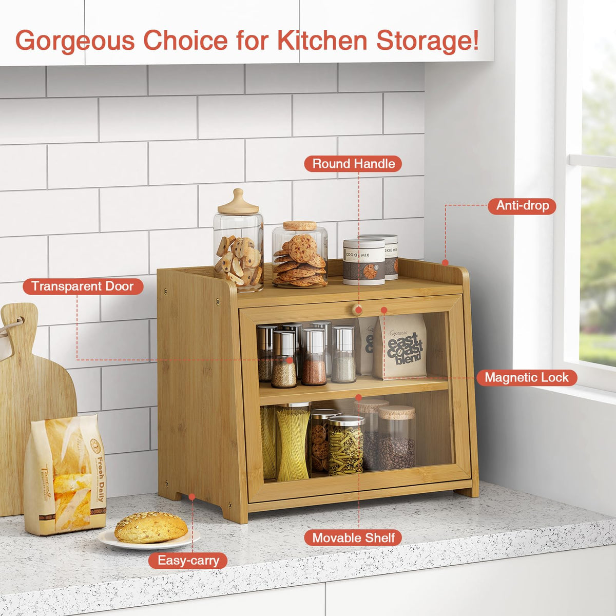 Goozii bamboo bread box assembly instructions show easy setup.