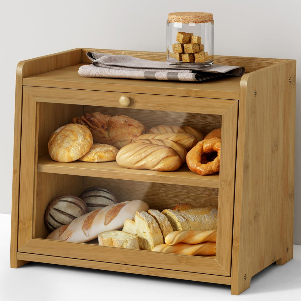 Goozii bamboo bread box front view for organized counter storage.