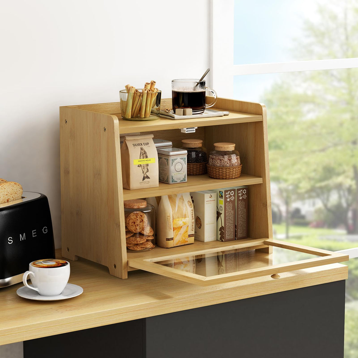 Goozii bamboo bread box top shelf maximizes counter storage space.