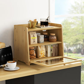 Goozii bamboo bread box top shelf maximizes counter storage space.