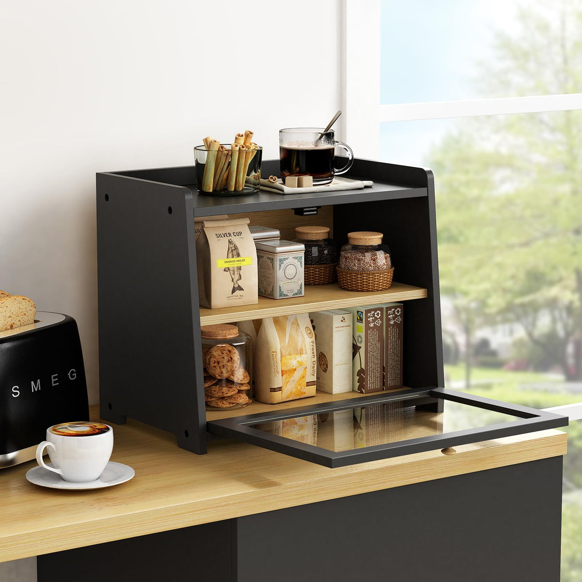 Goozii bamboo wood two-tier open top design for organized storage.