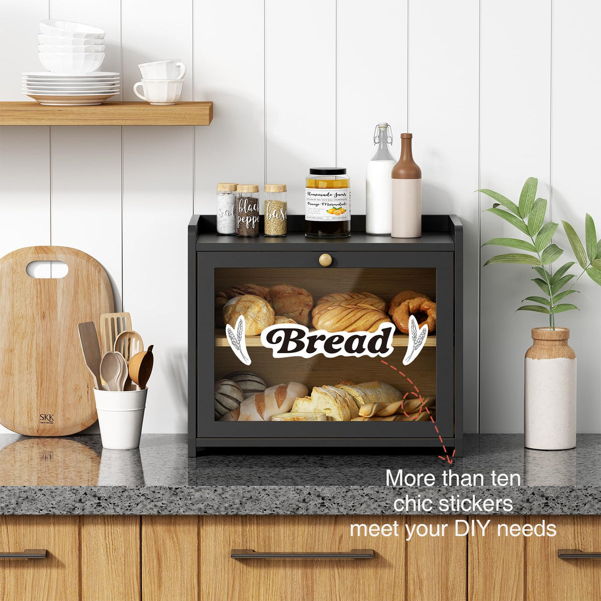 Goozii bread box with clear acrylic door keeps contents visible.