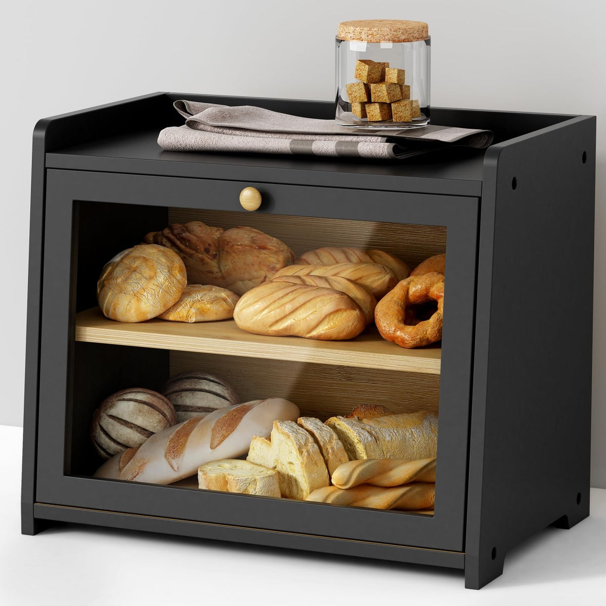 Goozii double layer bread box front view showcasing two-tier bread storage.