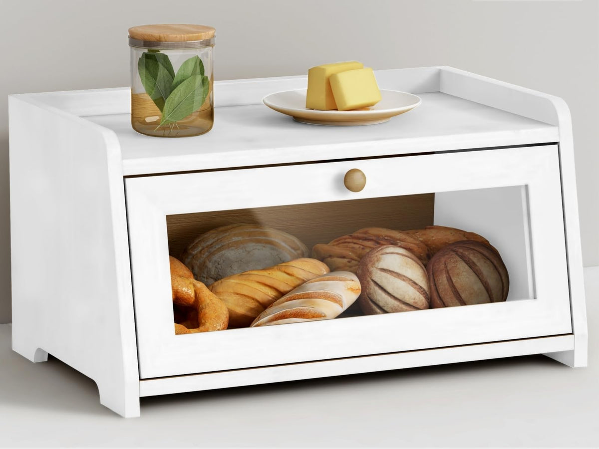 Goozii white bread box front view showing compact storage for fresh bread.