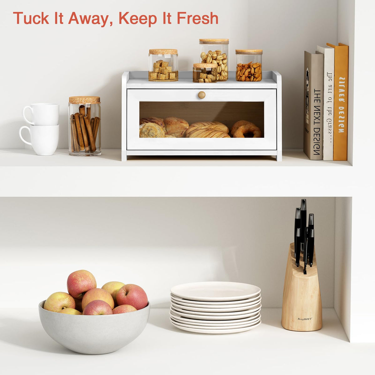 Goozii white bread box side with magnetic door for easy access.