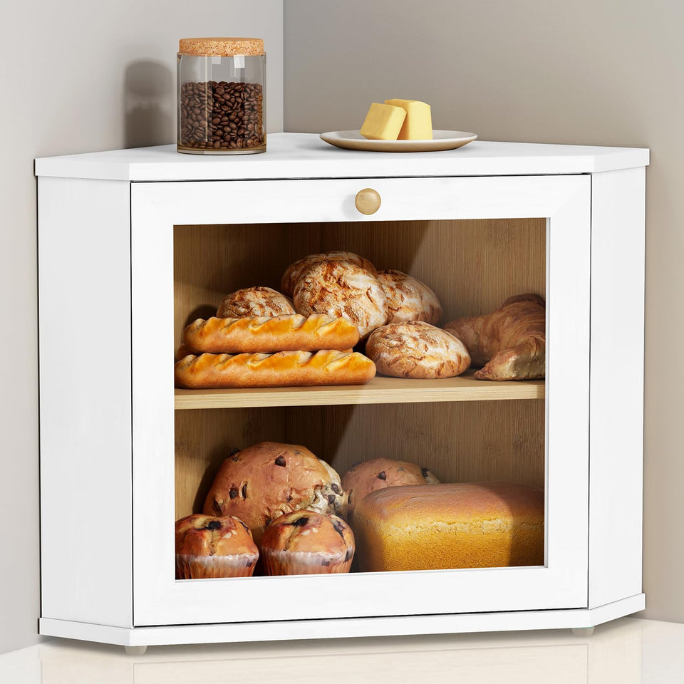 Goozii white corner bread box two-tier keeps bread organized on the counter