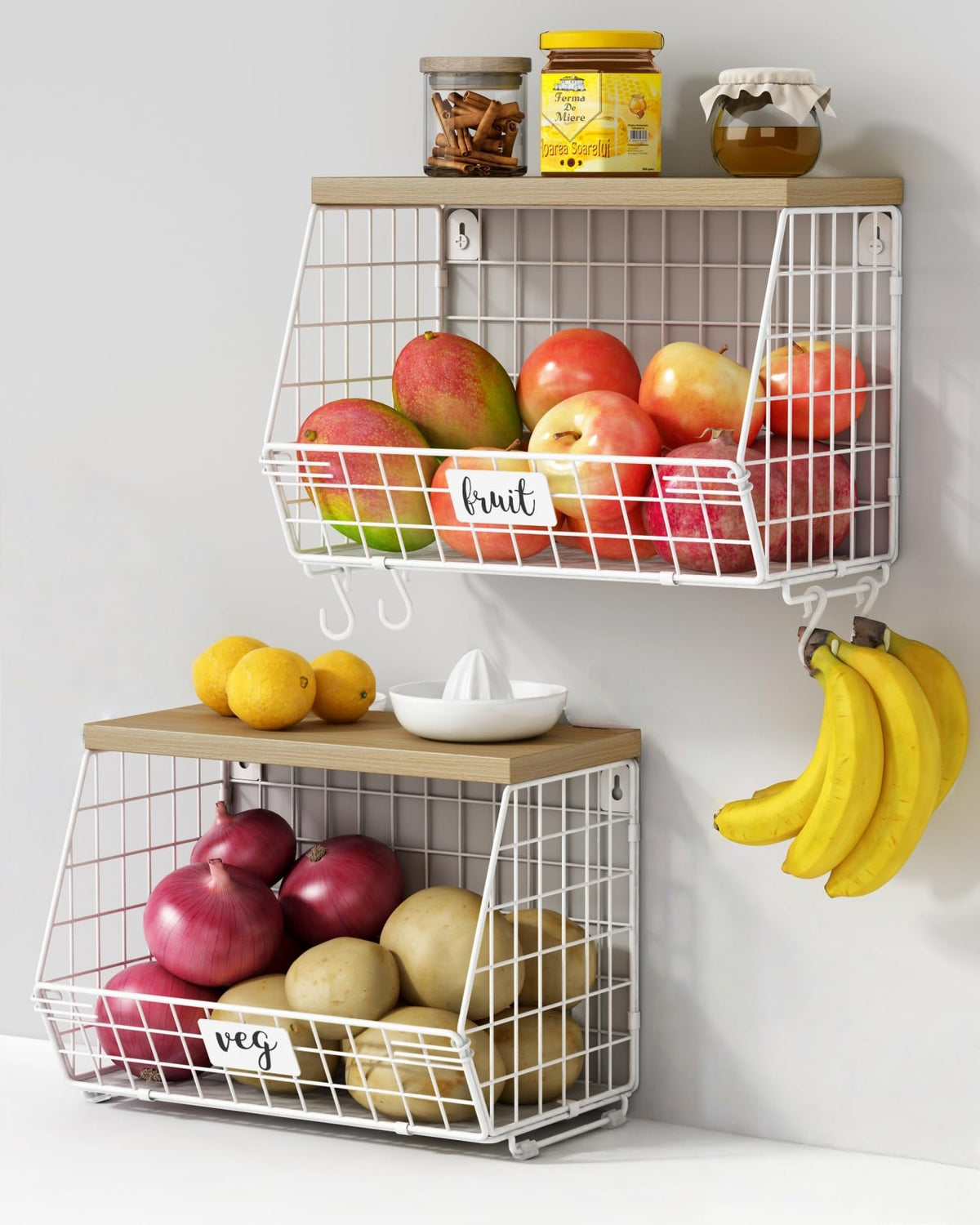 Goozii white fruit basket set 2 on countertop for neat produce storage